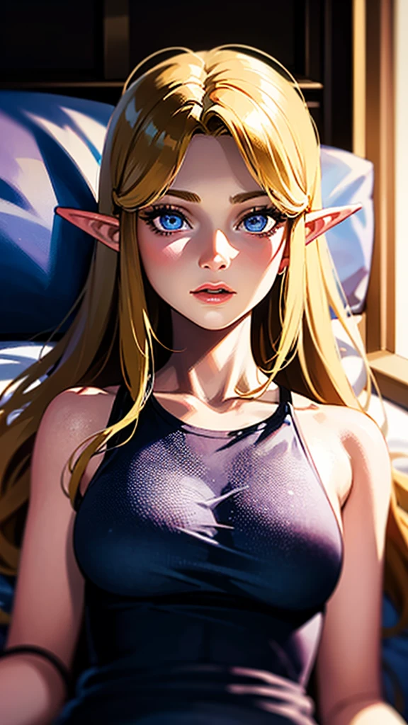 RAW, professional photograph, medium shot, photorealistic, hyper-realistic, ray tracing, super detail, UHD, 8k, female elf, lavender doll, twenty years old, athletic body, soft facial features, long hair, straight hair, blonde hair, blue eyes, lying on bed