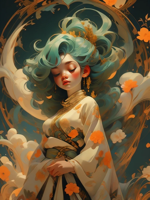 woman floating in the air, (multi-color hair), limp body, asleep, vibrant opalescent lighting, flecks in the air, dynamic lighting, warm color pallet, knit, brocade, gold carp, strange black fish, poppies, swirling air movement, wide angle, full body view, entire body in frame, loose fabric, geometric shapes, small breasts, sherbet, persimmon, up-do hair,