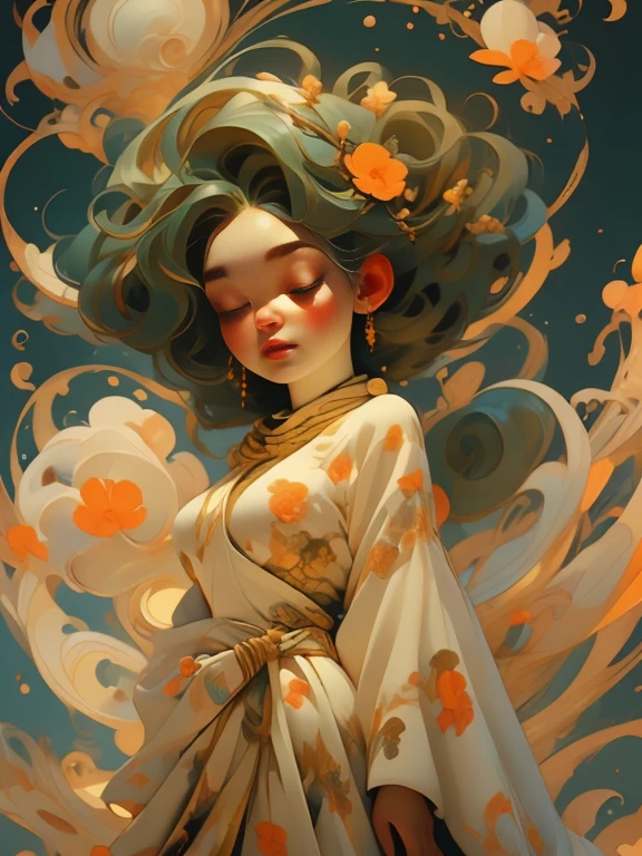 woman floating in the air, (multi-color hair), limp body, asleep, vibrant opalescent lighting, flecks in the air, dynamic lighting, warm color pallet, knit, brocade, gold carp, strange black fish, poppies, swirling air movement, wide angle, full body view, entire body in frame, loose fabric, geometric shapes, small breasts, sherbet, persimmon, up-do hair, 