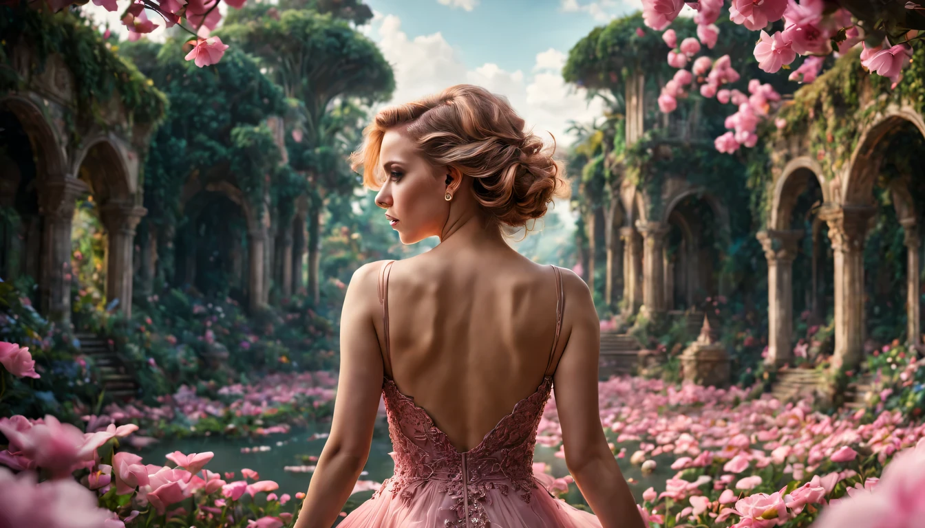 ccurate, best quality, master part, UHD, detalhes altos, Concedido, (Amazing:1.1), (surRealismo), arte conceitual, Realismo, Cinematic lighting, Floating ruins in the sky, (((belo jardim de flores))), horizonte, blue skies, Paradisiacal scenery, flor, fluxo de vento, (((fantasia))), fronteira, (magnificent space), blurry foreground, Bokeh, Hasselblad, Reflexo da lente, beautiful young lady (Scarlett Johansson ), (27 anos), ((((corpo inteiro)))), from behind, she is dancing, sem olhar para mim, (((usando vestido longo Rosa))), olhos negros, cabelos pretos, (cabelos flutuantes), ((8 tamanho natural)), penteados detalhados, linha de corpo detalhada, anatomicamente correto,
