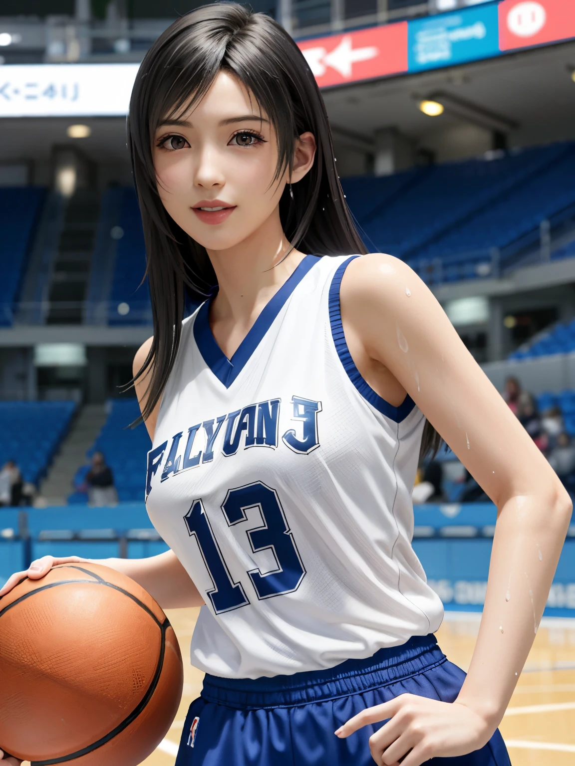 (top quality, masutepiece: 1.1), (Realistic: 1.3), BREAK (((FF7,Tifa_lockhart))),(solo,Tifa:1.2),(Basketball Uniforms:1.3) ,(Playing basketball),(behind Gymnasium:1.2),(sexy pose:1.3),(Wet with sweat:1.2),Ultra-detailed face, Detailed eyes,Red eyes, BREAK (((FF7,Tifa_lockhart))),(black brown hair, Large breasts: 1.0), BREAK (About 18 years old),kawaii,happy smile:1.1