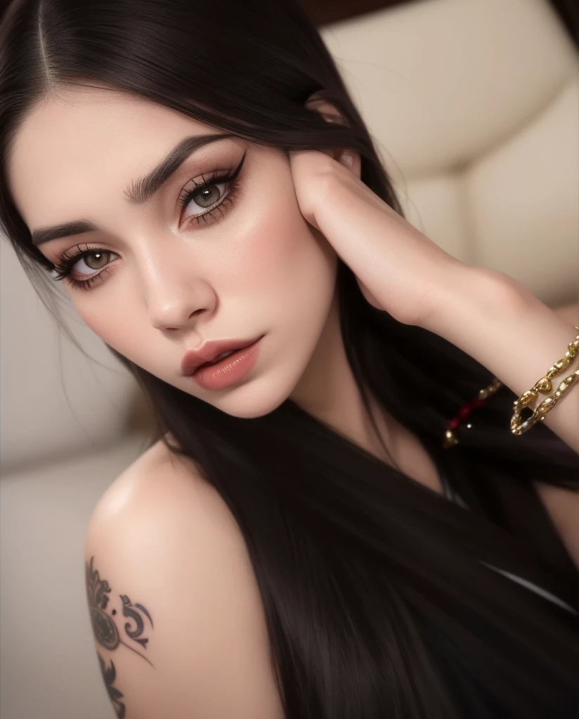 Mujer arafed con el pelo largo y negro y un tatuaje en el brazo, ava max, hermosa cara latina, pelo negro y ojos grandes, mirada sensual, Kailee Mandel, violeta myers, 18 years, con pelo largo y ojos penetrantes, cabello oscuro y maquillaje, cara sexy con maquillaje completo, cerveza suave de la reina del diablo madison, belleza asombrosa