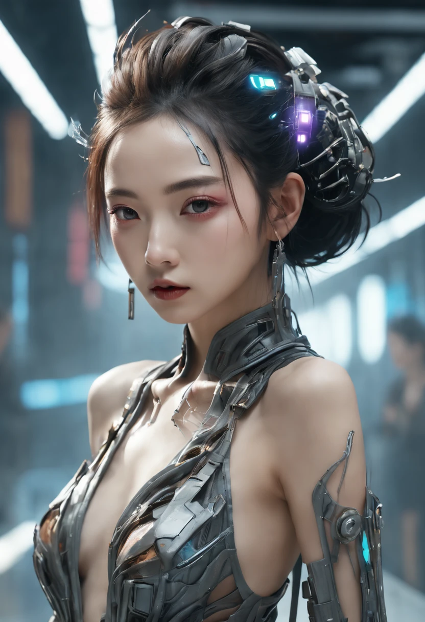 8K, high details,RAW Photos, best quality, highres, super detail, uhd, accurate, masterpiece, 16K, 1080P、Made by an advanced civilization、With technology that humans cannot even imagine,、Like a humanoid machine、An organic body、It looks both beautiful and terrifying、It shines faintly like veins running.、Artificial Life Forms、