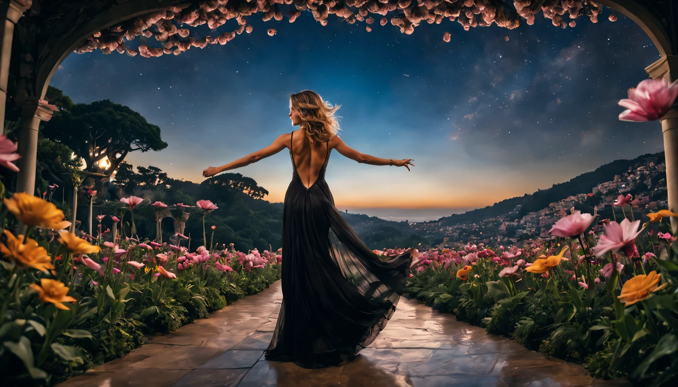 ccurate, best quality, master part, UHD, detalhes altos, Concedido, (Amazing:1.1), (surRealismo), arte conceitual, Realismo, Cinematic lighting, Floating ruins in the sky, (((belo jardim de flores))), horizonte, blue skies, Paradisiacal scenery, flor, fluxo de vento, (((fantasia))), fronteira, (magnificent space), blurry foreground, Bokeh, Hasselblad, Reflexo da lente, beautiful young lady (Michelle Pfeiffer ), (27 anos), ((((corpo inteiro)))), from behind, she is dancing, sem olhar para mim, (((usando vestido longo Preto))), olhos negros, cabelos pretos, (cabelos flutuantes), ((8 tamanho natural)), penteados detalhados, linha de corpo detalhada, anatomicamente correto,