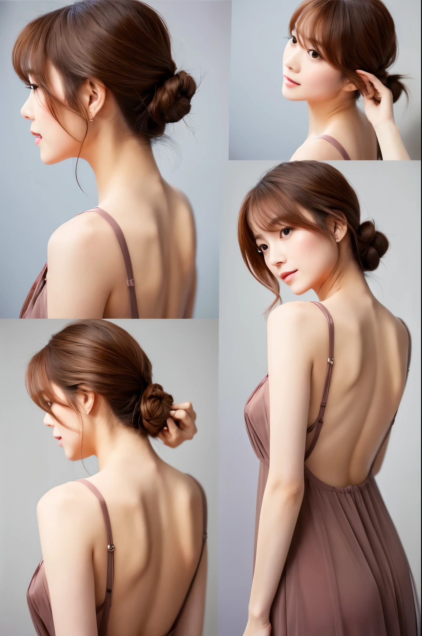 Japan woman in her 20s。1 photo。cute、tying hair、brown hair、Clean face line、Elegant impression、(Dresses with open backs)、showing your back、white background