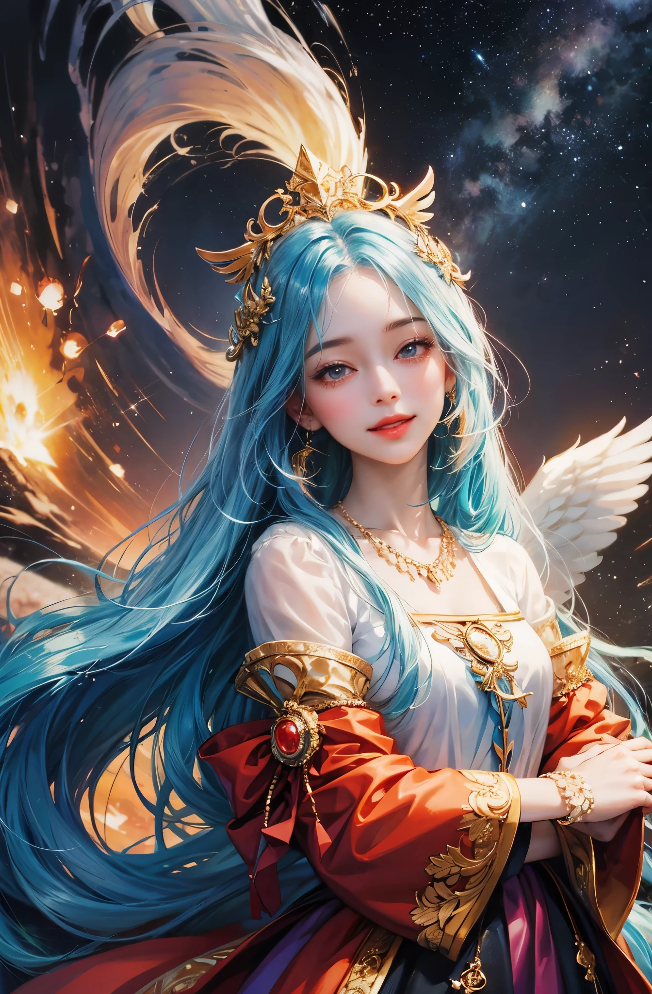 Close-up of a woman with colorful hair and necklace, anime girl with space hair, Rossdraws soft vibrancy, Art in the Gviz style, fantasy art style, colorful], vibrant fantasy style, A vibrant Ross cartoon, cosmic and colorful, Gweiz, colorful digital fantasy art, impressive art style, Nice anime style, shiny hair、Angel、wing、smile、front、lots of hearts in the background、frontを向く、Costume is white、The clothes are soft、wingがはえている、Angel、Angel、体の向きをfront、背中から大きめのAngelのwingがはえている、右側と左側からAngelのwingが生えている、女性のAngel、女性のAngel