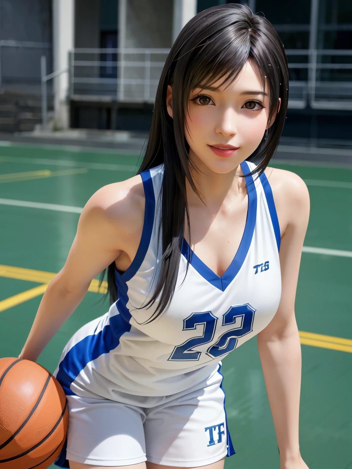 (top quality, masutepiece: 1.1), (Realistic: 1.3), BREAK (((FF7,Tifa_lockhart))),(solo,Tifa:1.2),(large Basketball Uniforms:1.3) ,(Playing basketball),(behind Gymnasium:1.2),(sexy pose:1.3),(Wet with sweat:1.2),Ultra-detailed face, Detailed eyes,Red eyes, BREAK (((FF7,Tifa_lockhart))),(black brown hair, Large breasts: 1.0), BREAK (About 18 years old),kawaii,happy smile:1.1