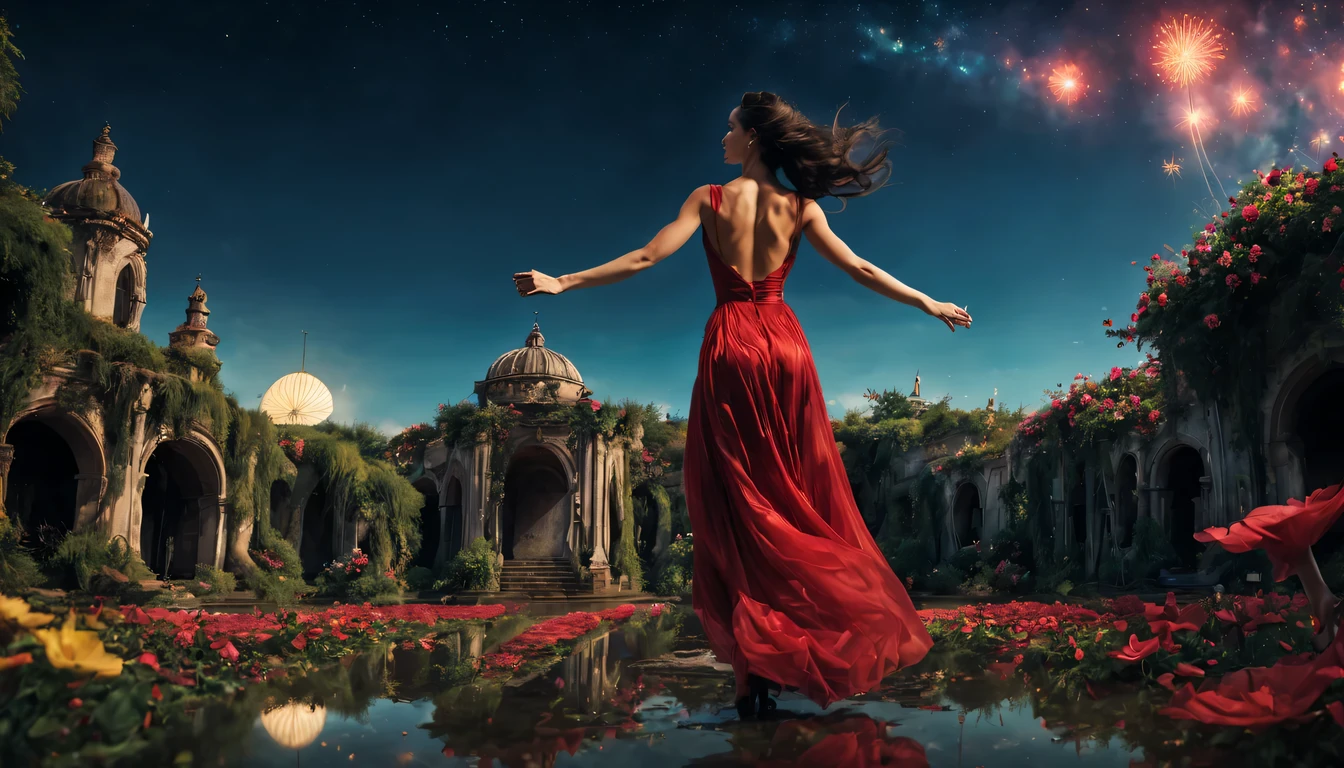 ccurate, best quality, master part, UHD, detalhes altos, Concedido, (Amazing:1.1), (surRealismo), arte conceitual, Realismo, Cinematic lighting, Floating ruins in the sky, (((belo jardim de flores))), horizonte, blue skies, Paradisiacal scenery, flor, fluxo de vento, (((fantasia))), fronteira, (magnificent space), blurry foreground, Bokeh, Hasselblad, Reflexo da lente, beautiful young lady (Jennifer Connelly ), (27 anos), ((((corpo inteiro)))), from behind, she is dancing, sem olhar para mim, (((usando vestido longo Vermelho))), olhos negros, cabelos pretos, (cabelos flutuantes), ((8 tamanho natural)), penteados detalhados, linha de corpo detalhada, anatomicamente correto,