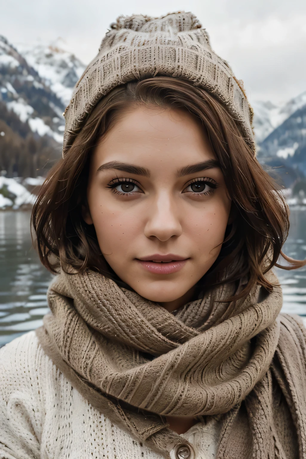 Breathtaking cinematic photo of a 25 year old girl with brown hair and brown eyes, happy, cheerful expression, closed mouth, beautiful lips, intricate details, shallow depth of field, highly detailed, high budget, epic Hollywood film, gorgeous, masterpiece, award-winning, professional, highly detailed, detailed skin texture, (blush: 0.5), (goosebumps: 0.5). (the most beautiful woman in the world) (brown hair) (short curly hair, wild hair, stylish cut) thin face, thin nose, beautiful, very beautiful, perfect face, slender body (slender), (brown hair) (brown eyes ) (white skin) Beautiful body, western face, predatory eyes, pink lips, thick thighs. full body, western beauty, thin nose, beautiful, perfect, ((best quality)), ((ultra resolution)), ((photorealistic: 1.4)), (intricate details), perfect face, makeup: 1.5 , clear face, facial details. In this serene scene, the travel model takes a leisurely walk along the snowy shores of Lake Lucerne. She's wearing a cozy, chic winter outfit, including a knitted sweater and a warm scarf, her hair tucked under a fashionable beanie. The snow-covered Alps rise majestically in the background, and the lake reflects the winter tranquility of Lucerne.