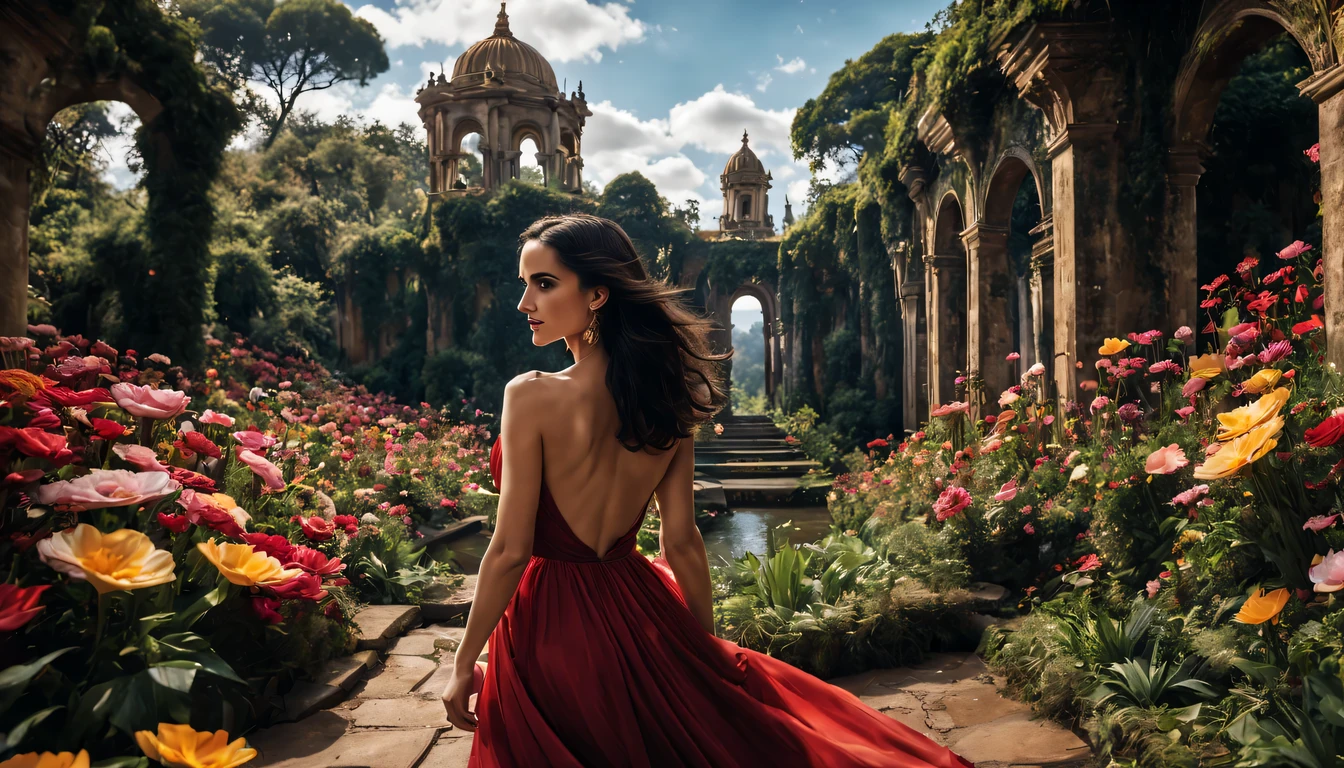 ccurate, best quality, master part, UHD, detalhes altos, Concedido, (Amazing:1.1), (surRealismo), arte conceitual, Realismo, Cinematic lighting, Floating ruins in the sky, (((belo jardim de flores))), horizonte, blue skies, Paradisiacal scenery, flor, fluxo de vento, (((fantasia))), fronteira, (magnificent space), blurry foreground, Bokeh, Hasselblad, Reflexo da lente, beautiful young lady (Jennifer Connelly ), (27 anos), ((((corpo inteiro)))), from behind, she is dancing, sem olhar para mim, (((usando vestido longo Vermelho))), olhos negros, cabelos pretos, (cabelos flutuantes), ((8 tamanho natural)), penteados detalhados, linha de corpo detalhada, anatomicamente correto,