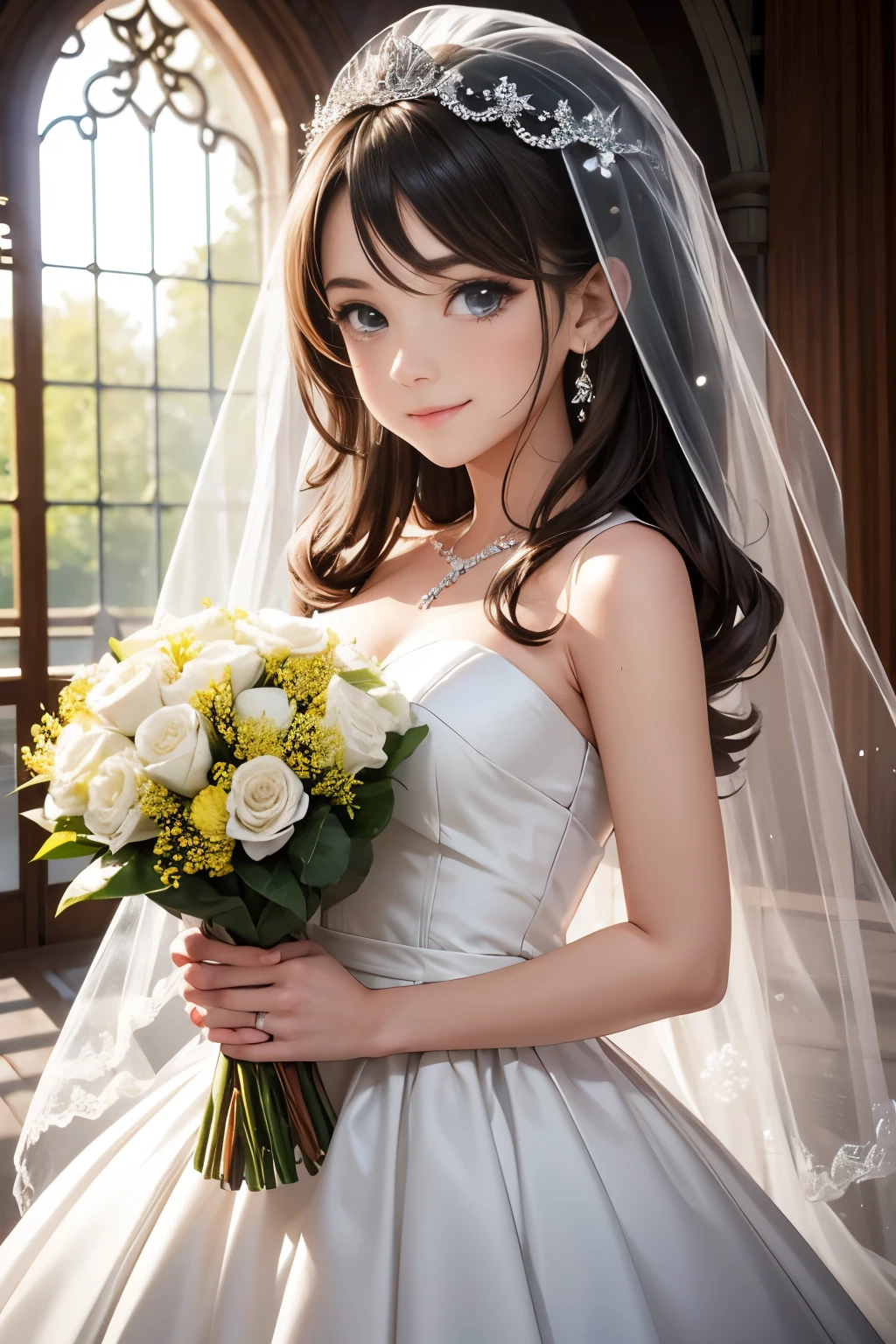 cute woman Wedding dress face covered with a veil look at the viewer Bouquet in hand smile Fluttering feathers church Sunlight shines in