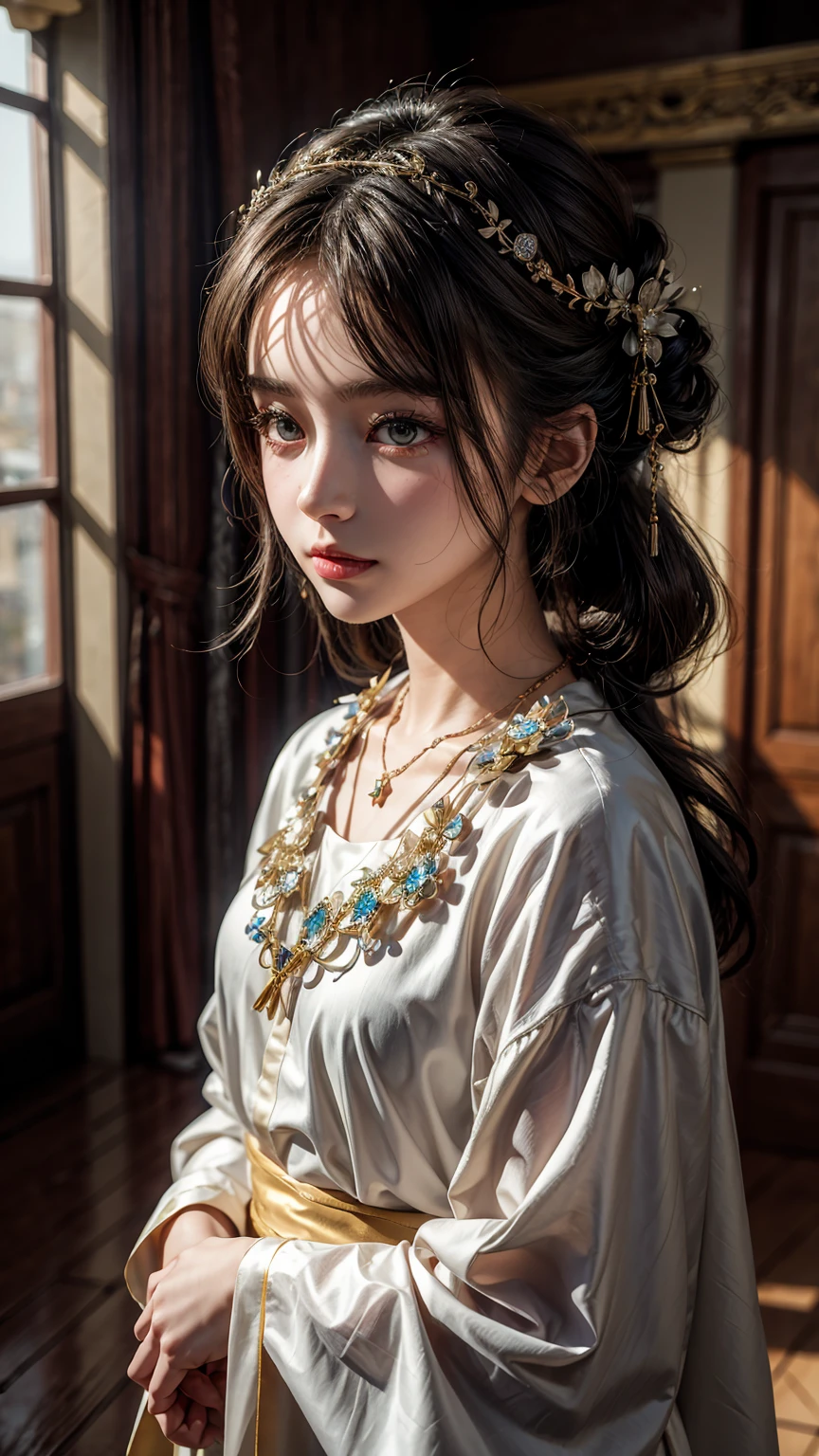 Superb Quality, Masterpiece, High Resolution, 1Girl, Blush, (Seductive Smile: 0.8), Star Eyes, Chinese Hanfu, Hair Accessories, Necklace, Jewelry, Beauty, on_body, Tyndall Effect, Realism, Shadow Room, Light Edge, Two-tone Lighting, (High Detail Skin: 1.2), 8K UHD, SLR, Soft Light, High Quality, Volume Lighting, Candid Photo, High Resolution, 4K, 8K, Background Blur, Light Tulle,