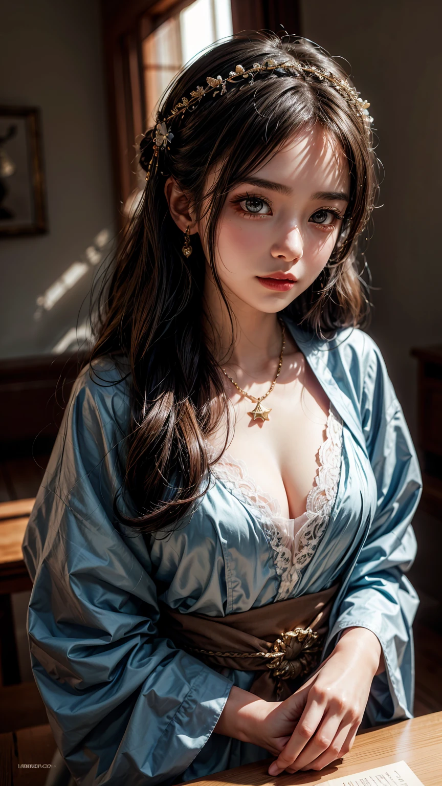 Superb Quality, Masterpiece, High Resolution, 1Girl, Blush, (Seductive Smile: 0.8), Star Eyes, Chinese Hanfu, Hair Accessories, Necklace, Jewelry, Beauty, on_body, Tyndall Effect, Realism, Shadow Room, Light Edge, Two-tone Lighting, (High Detail Skin: 1.2), 8K UHD, SLR, Soft Light, High Quality, Volume Lighting, Candid Photo, High Resolution, 4K, 8K, Background Blur, Light Tulle,