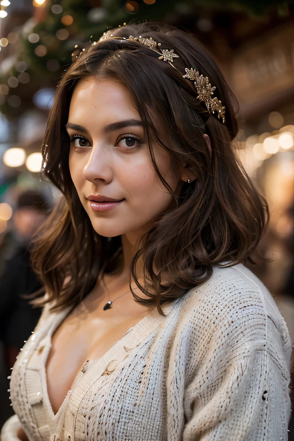 Breathtaking cinematic photo of a 25 year old girl with brown hair and brown eyes, happy, cheerful expression, closed mouth, beautiful lips, intricate details, shallow depth of field, highly detailed, high budget, epic Hollywood film, gorgeous, masterpiece, award-winning, professional, highly detailed, detailed skin texture, (blush: 0.5), (goosebumps: 0.5). (the most beautiful woman in the world) (brown hair) (short curly hair, wild hair, stylish cut) thin face, thin nose, beautiful, very beautiful, perfect face, slender body (slender), (brown hair) (brown eyes ) (white skin) Beautiful body, western face, predatory eyes, pink lips, thick thighs. full body, western beauty, thin nose, beautiful, perfect, ((best quality)), ((ultra resolution)), ((photorealistic: 1.4)), (intricate details), perfect face, makeup: 1.5 , clear face, facial details. The travel model immerses herself in the festive atmosphere of the Christmas Market in Lucerne. She's dressed in a cheerful winter dress and a woolen coat, her hair adorned with a festive headband. The market stalls are adorned with twinkling lights, and the scent of Swiss specialties fills the air. The snowy backdrop and the view of the Chapel Bridge add to the magical ambiance.