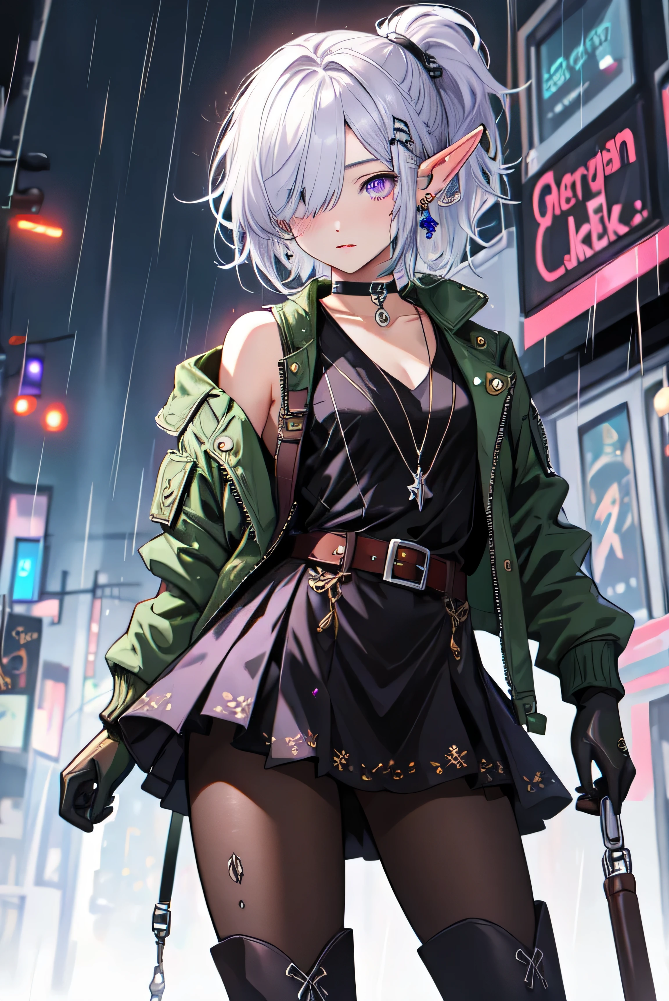 ((masterpiece)), ((best quality)), ((highres)), ((detailed background)), (elf), (1girl), cute girl, ((rock jacket)), black clothing, short hair, low ponytail, parted bangs, (hair over one eye), white hair, violet eyes, (ear piercing), glowing, choker, dress, pantyhoses, cowboy shot with white boots, rainy, gloves, bare shoulders, art style by Artgerm, by Kawacy, by Yusuke Murata,