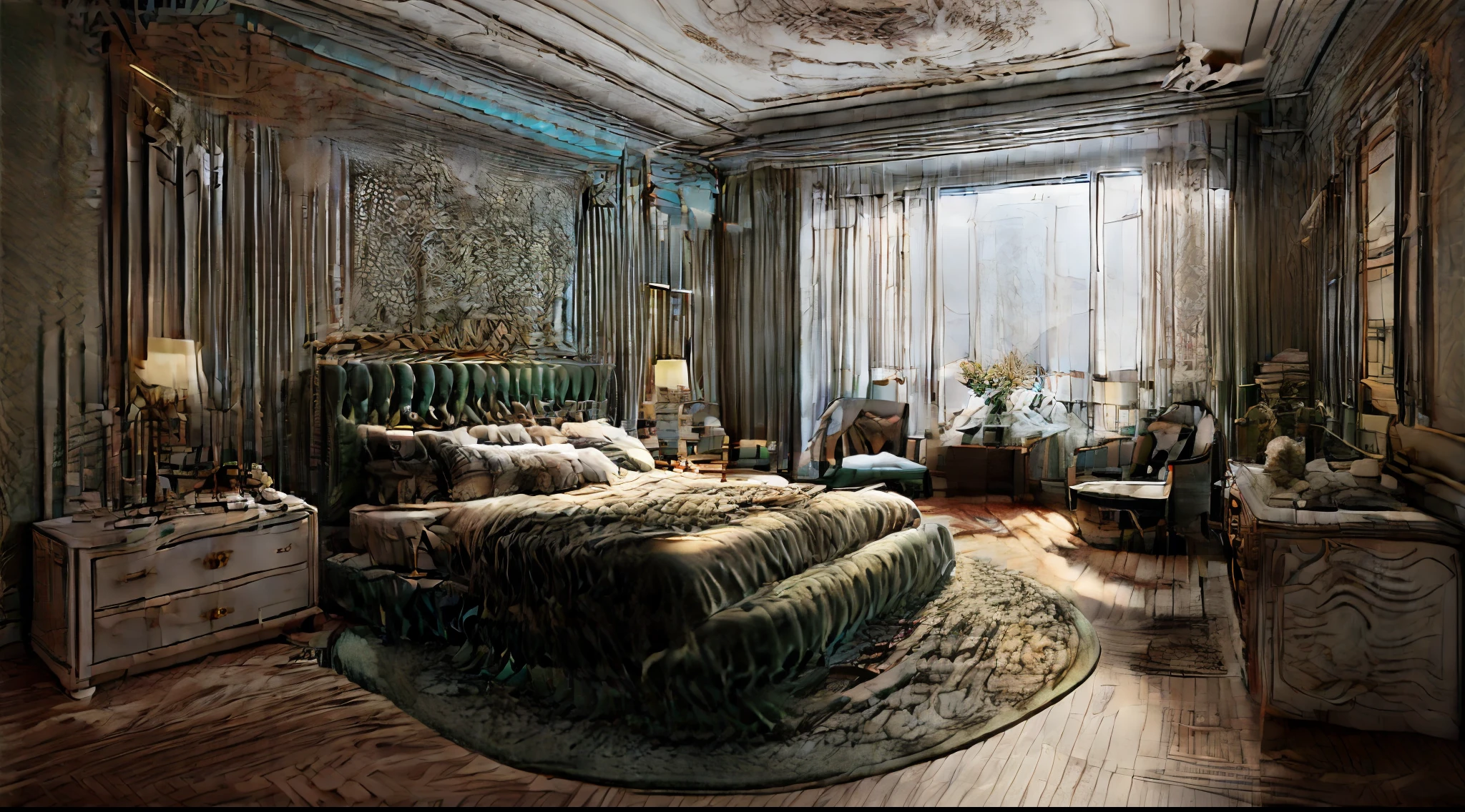 a large bedroom with a bed, chairs, and a chandelier, luxury furniture, extremely opulent, royal interior, luxurious environment, exquisitely designed throne room, luxurious, luxury hd render, bed room, lavishly decorated, beauteous sumptuous, lavish rococo baroque setting, magnificent design, extremely detailed furnitures, ornate and detailed, elegant and extremely ornamental