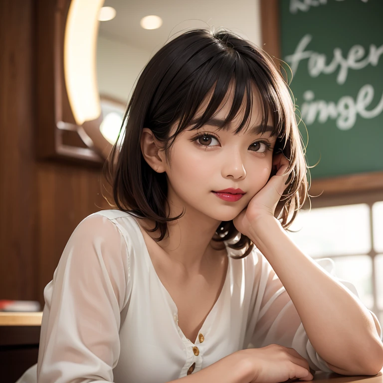 Half body portrait of a 33 years old malay woman sit in front of giant mirror,  pixie haircut, wearing peach blouse with satin green slack, narrow waist, indoor shot, looking up at coffee shop sign, soft lighting, smirk face, circle bokeh , small breast, catwalk, morningtime, surrounded by a comfortable, cool atmosphere, looking at the viewer. (Skin details:1.3), hairy hands, plump, red lips, seductive with bokeh camera background