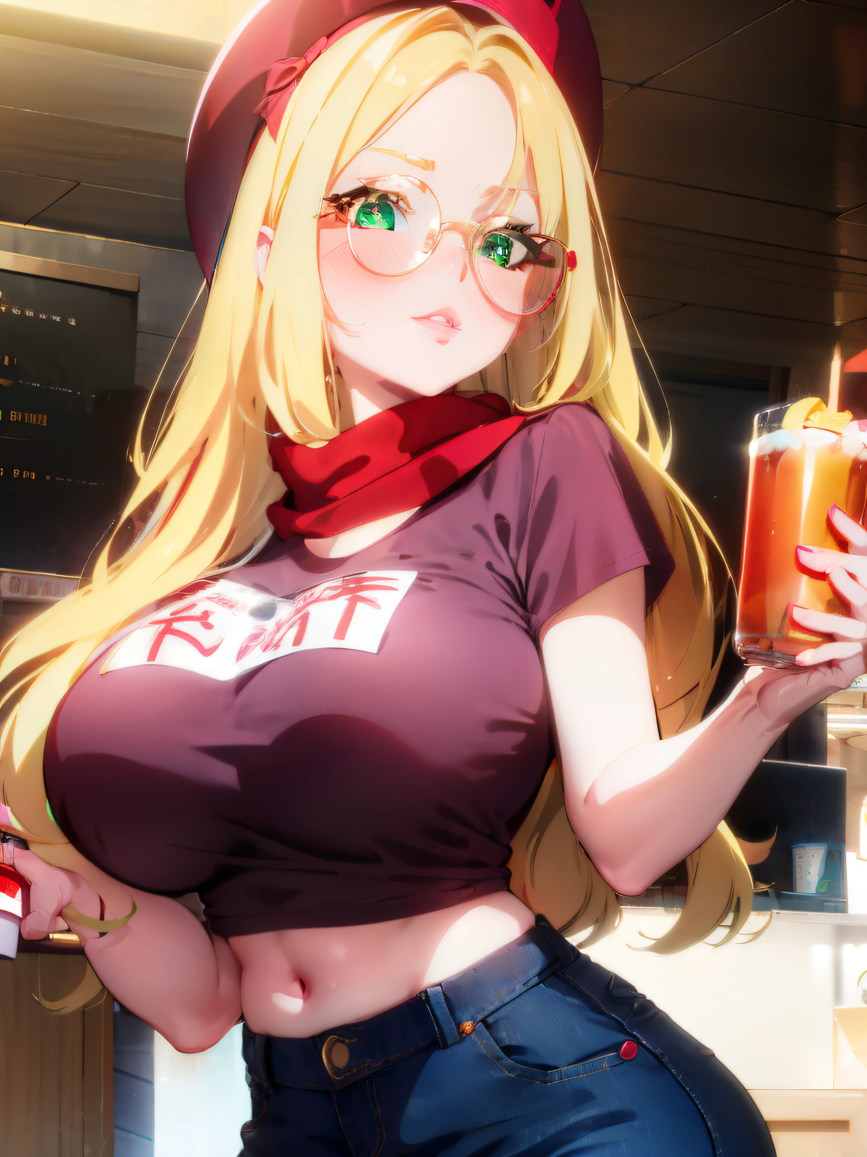 blush, glowing aura, natural light, masterpiece, glossy skin, juicy lips , ,sexy, hot, , evil,juicy lips, bimbo, hour glass, blonde hair, wide eyes, green eyes, massive boobs, dark lighting, long hair, pink bow, platform shoes, bow in hair, golden round glasses, sandy blonde hair, bimbo, cute, evil smile, no hair on forehead, no fringe, juicy lips, red shirt, fast food worker, name tag, hat, scarf tie, yellow scarf tie, holding food and drink, holding tray of food, black striped jeans,