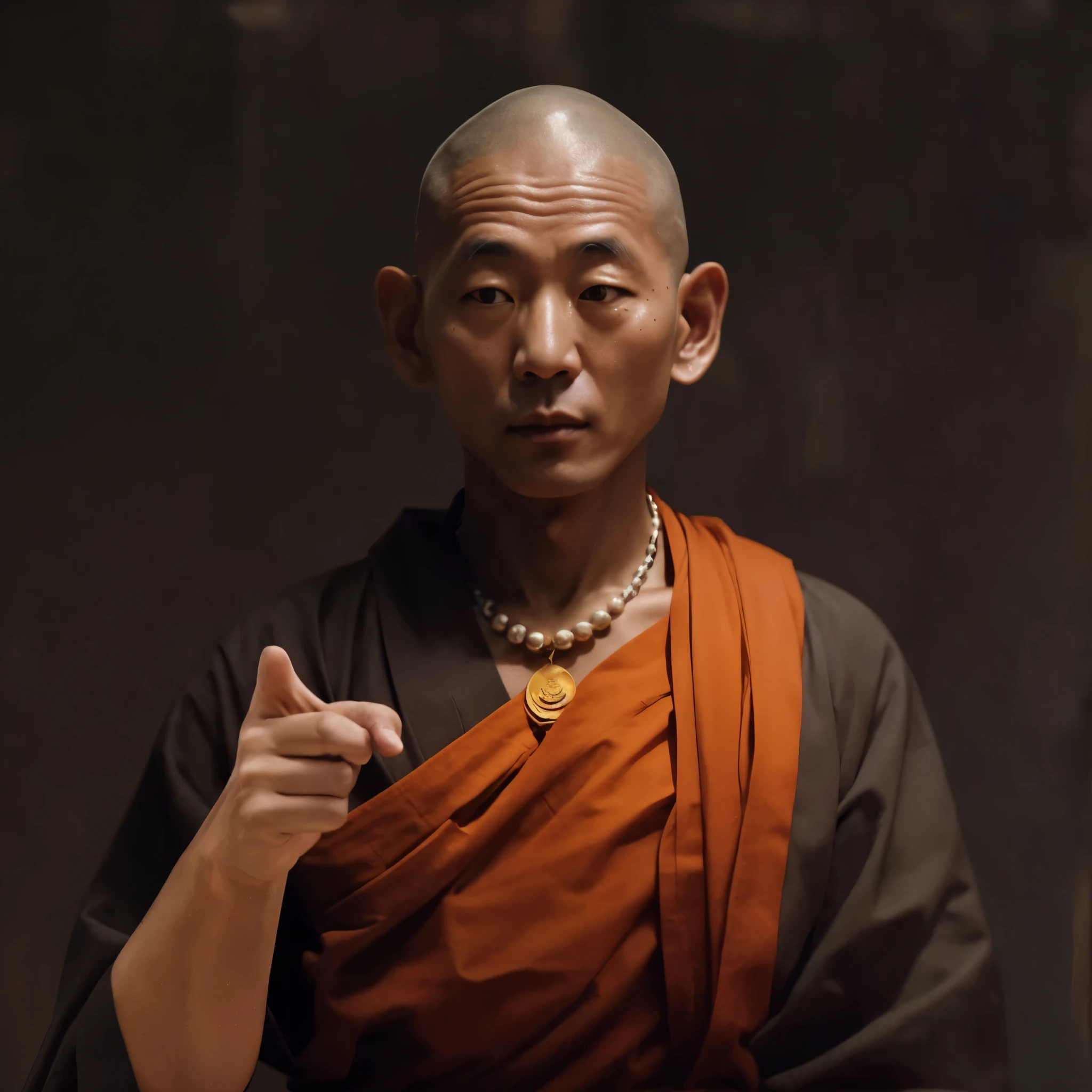 there is a Zen monk with a necklace and a necklace on his neck, monk, concept art of a monk, buddhist monk, ancient japanese monk, 2 1 st century monk, monk, buddhist, monk meditate, tabaxi monk, buddhist monk meditating, monk clothes, tithi luadthong, buddhism, wojtek fus, a Zen monk pointing its finger, very detailed, very serious face, with wrinkles on face, old monk