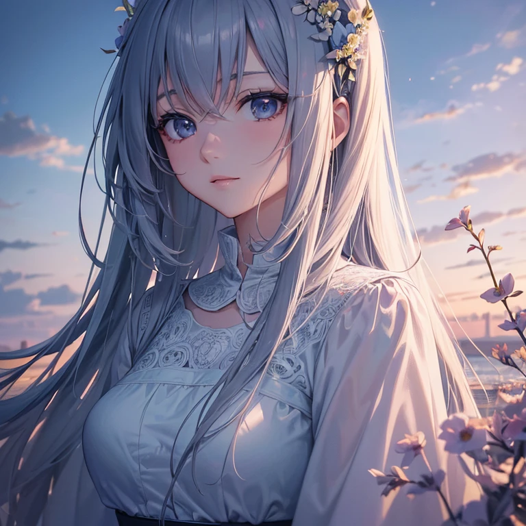 ((top quality)),(Super high resolution),(super detailed),((best anime)),sharp,clear,Art with astounding depictions,silence, (1 woman,daughter),beautiful flower々look up