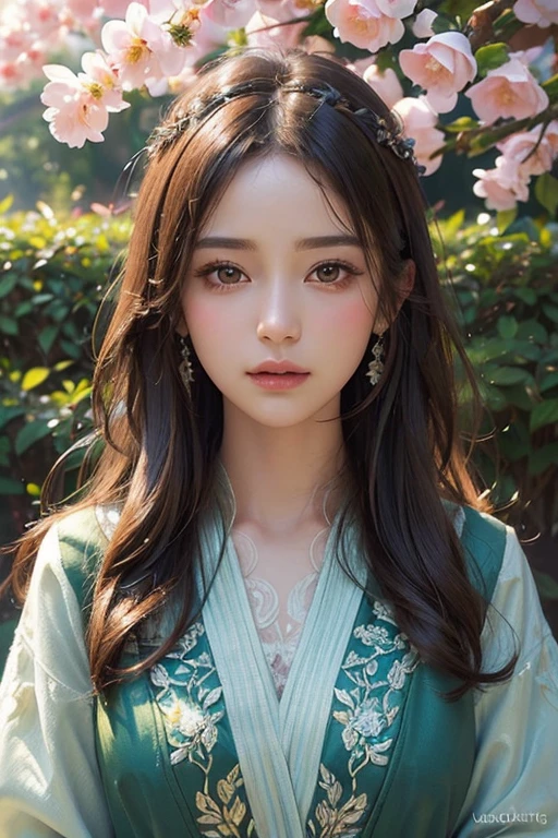 (best quality, ultra-detailed, realistic:1.37), vibrant colors, portrait, traditional lighting, elegant pose, peaceful garden background, traditional art medium, soft brush strokes, delicate details, fine texture, intricate patterns, nature-inspired motifs, captivating gaze, flowing hair.

I hope this helps!