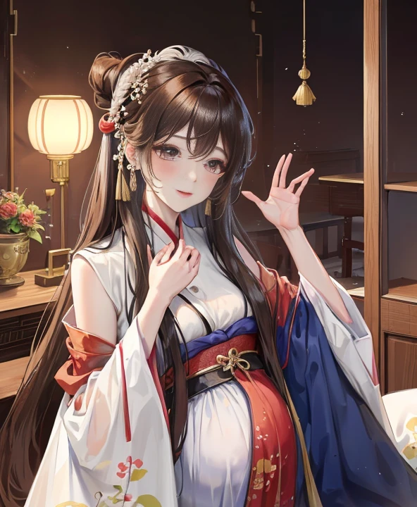 masterpiece, best quality, aldult, Chinese style,pregnancy ,China, elder sister, Smile, brown hair, princess cut, Full of motherhood,Hanfu,Pure affection,blush,Dignified yet lively,Mother,Place your hands on your stomach,Full of motherhood,Sexy,charming,Graceful and graceful,A thousand flavors,charming,With a royal air,long hair,With hairpins,长Hanfu,beautiful,beautiful,A hand caresses his belly,charming的,眼神Lovely,Lovely,black,Tall and tall