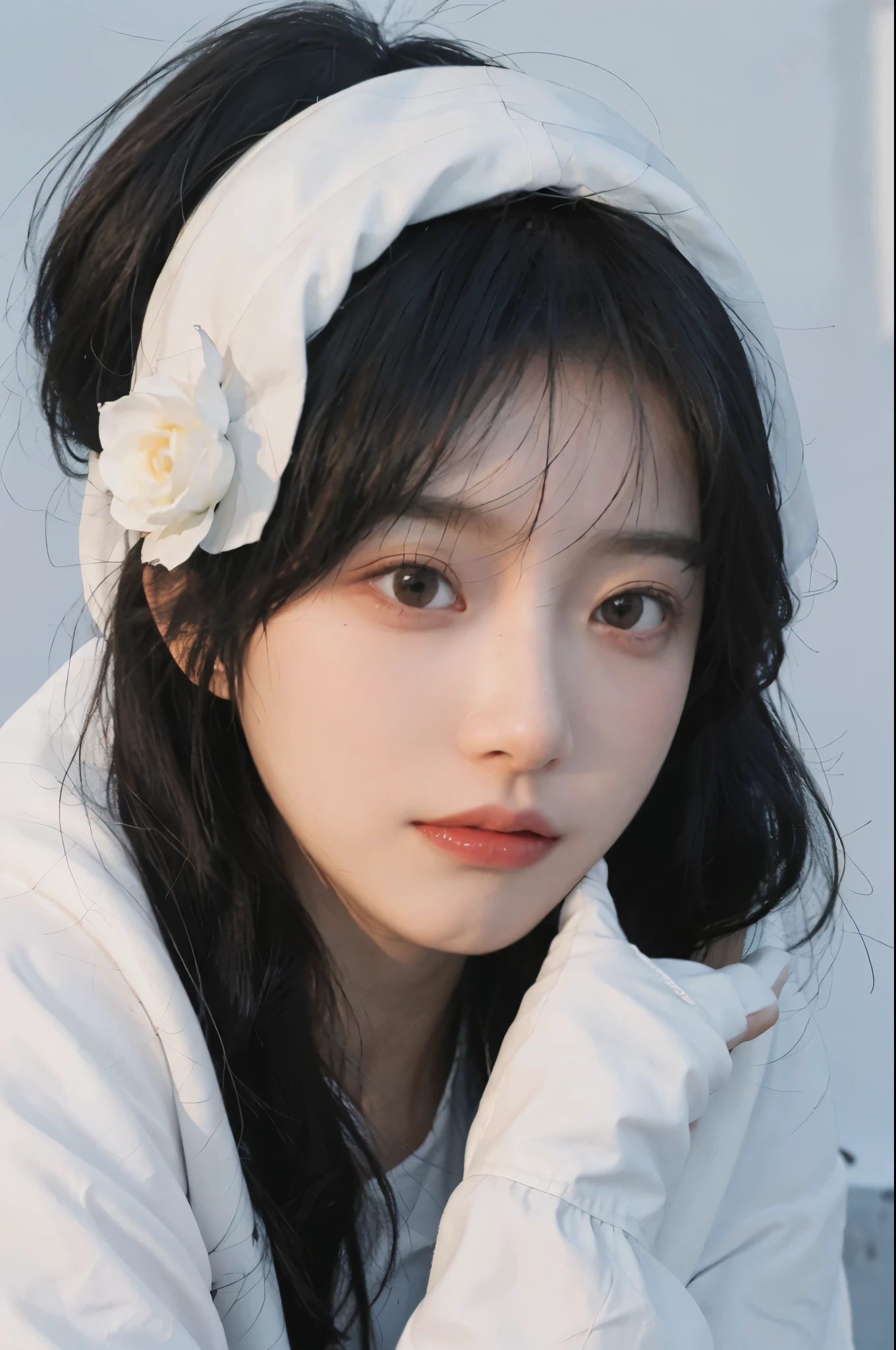 best quality, ultra high resolution, White background,(realistically:1.4), 2 girls, White leather clothes,twin? rose rain,A pair of eyes as clear as snow,Royal sister,looking at the audience, close up ,