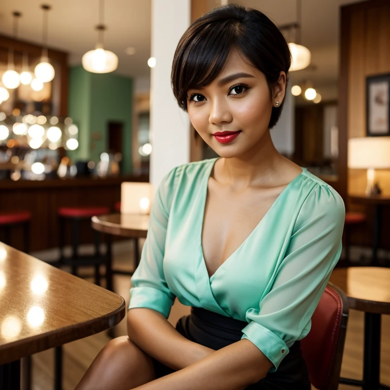 Half body portrait of a 33 years old malay woman sit in front of giant mirror,  pixie haircut, wearing peach blouse with satin green slack, narrow waist, indoor shot, looking up at coffee shop sign, soft lighting, smirk face, circle bokeh , small breast, catwalk, morningtime, surrounded by a comfortable, cool atmosphere, looking at the viewer. (Skin details:1.3), hairy hands, plump, red lips, seductive with bokeh camera background