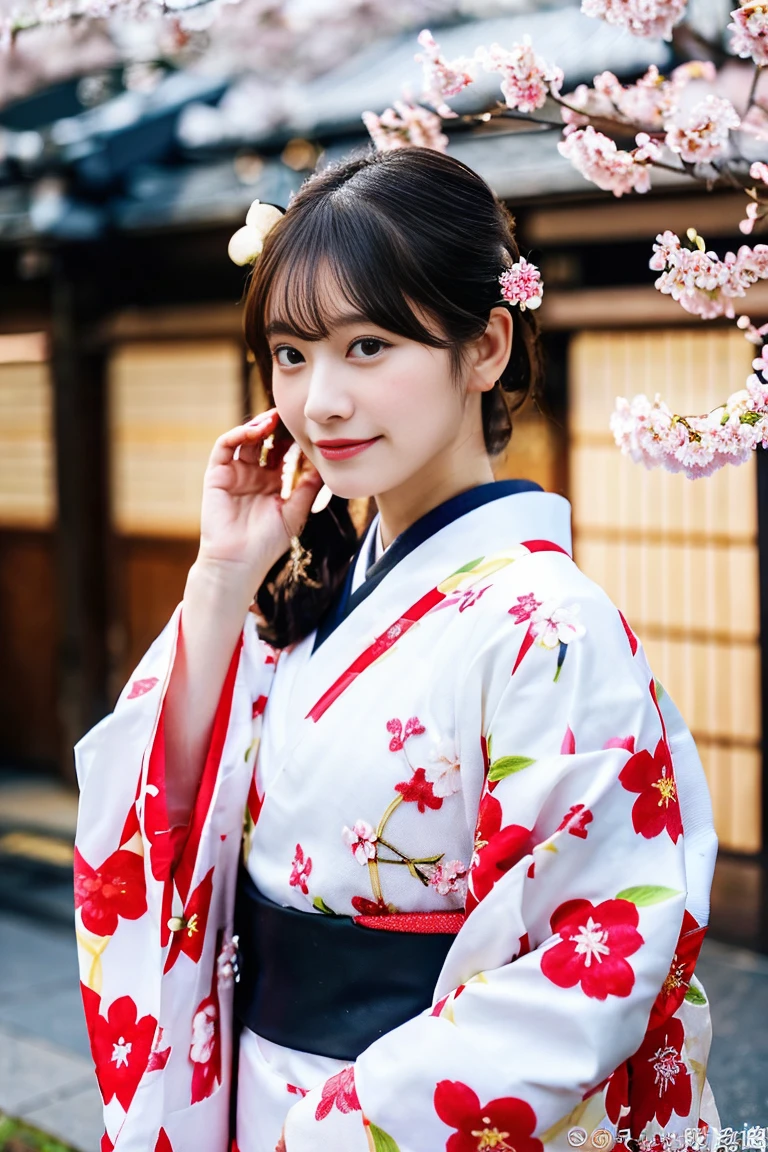 (8K、RAW photo、highest quality、masterpiece:1.2)、Super detailed、ultra high resolution、(realistic、photo realistic:1.37)、portrait、High-definition RAW color photos、professional photos、very delicate and beautiful、very detailed、 8k wallpaper、growing up、finely、huge file size、official art、very detailed CG Unity 8K 壁紙、very detailed美少女、very detailed顔、extremely detailed eye、very detailed肌、very thin fingers、very detailed鼻、very detailed口、perfect anatomy、very detailed背景、very detailed服装、1 girl、(18-year-old:1.2)、10代eye、cute女の子、famous japanese idol、cute、(small breasts:1.2)、realistic body、small、pure white skin、shiny skin、slender body、good style、black haired、tied hair、(bangs:1.2)、laughter、cute、young、cute faces、lifelike face、Beautiful eyes、ordering sauce、(Cherry blossom pattern kimono:1.4)、intricate embroidery、earrings、(Cherry Blossom Hair Ornament:1.2)、eye、cowboy shot、frontage、standing athletic pose、contrapo、outside the house、(night:1.4)、Japanese style、Cherry blossoms in full bloom in the background、(falling petals:1.4) 、(Petals reflect light:1.3)、dynamic lighting、