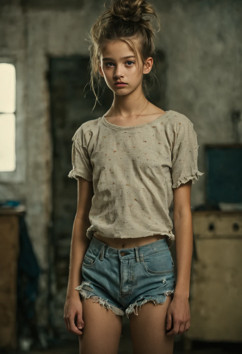 1girl, ************, idol, , collarbone, ,standing, photography, film, depth of field, skin texture,, topknot, long hair, messy hair, , cute beautiful perfect face , 18 years old, camera gaze, cotton panties, leg panties, realistic, cowboy shot, studio shot, thigh gap, (crotch)