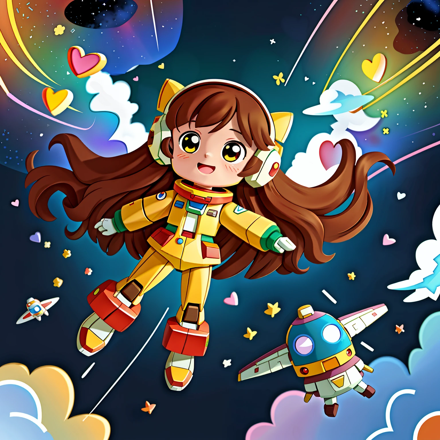 Girl with long brown hair，Put on the Gundam Robot Suit，flying in space and time（In flight)（rainbow），（There is love）happy，Surrounded by love，Surrounded by love，O sign，vector，line art，design，inspiration，straight line，RHAD