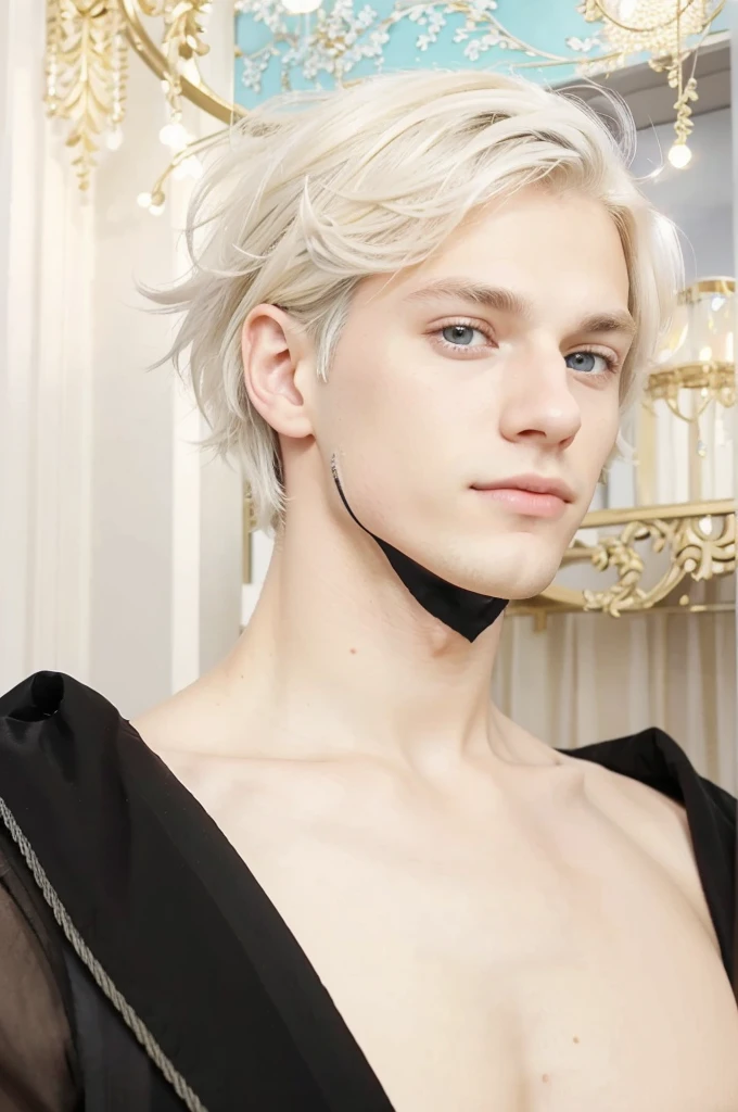 A real european man. A handsome young man with light yellow hair and gray eyes. Make more realistic.