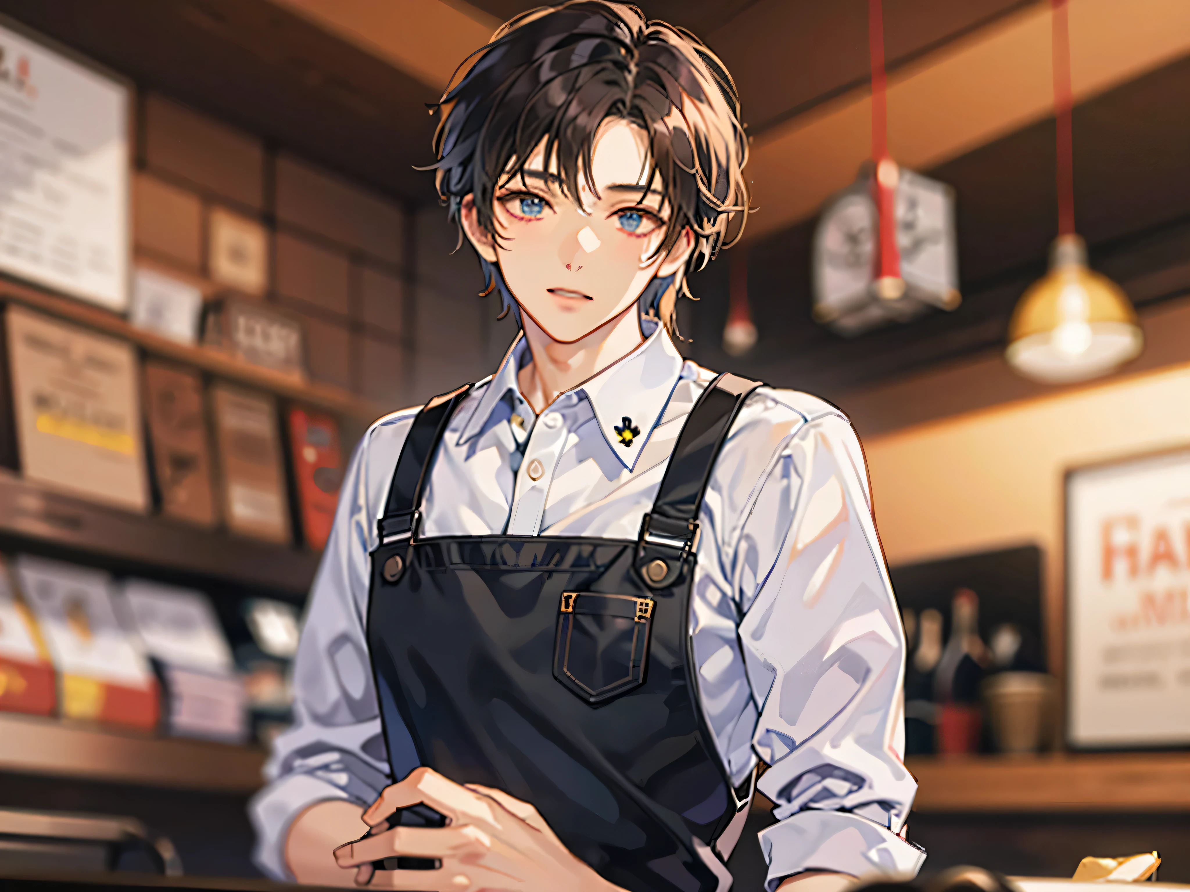 masterpiece,best quality, (anime man), Cafe clerk, male,solo,shirt,apron,half up,Eye color brown,coffee shop