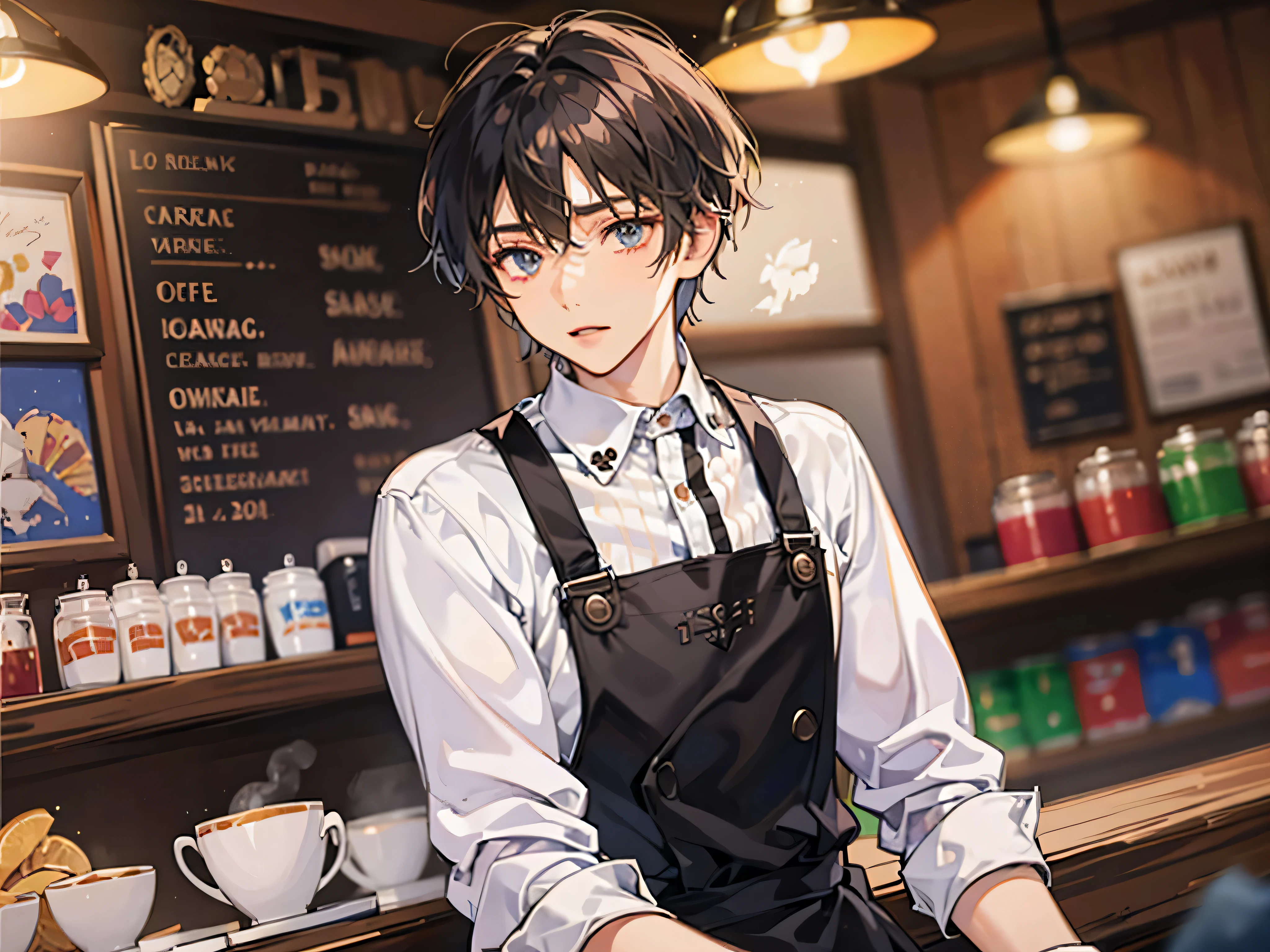 masterpiece,best quality, (anime man), Cafe clerk, male,solo,shirt,apron,half up,Eye color brown,coffee shop