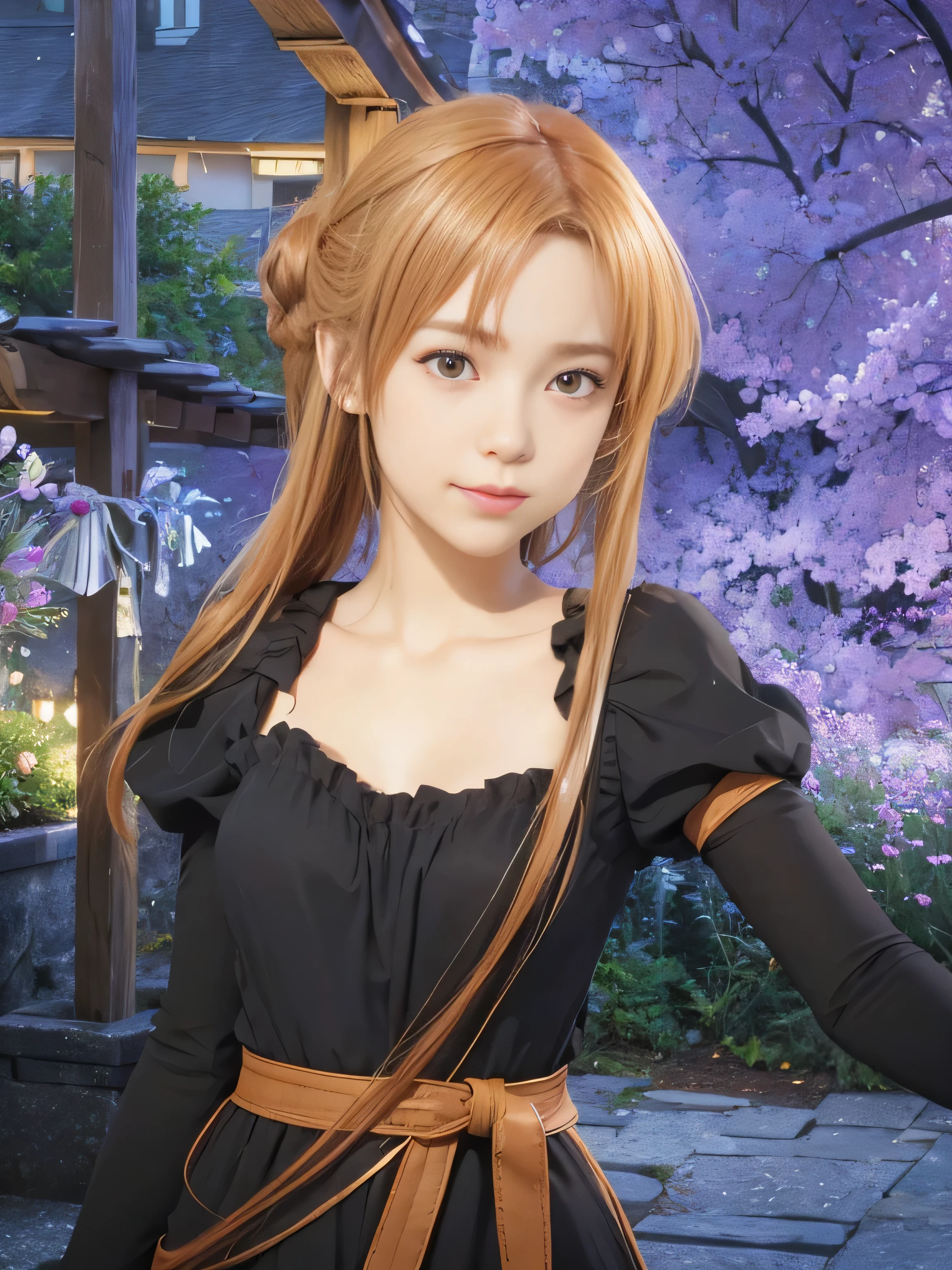 masterpiece, best quality, (realistic,photo-realistic:1.4), (RAW photo:1.2), extremely detailed CG unity 8k wallpaper, delicate and beautiful, amazing,finely detail, official art, absurdres, incredibly absurdres, huge filesize, ultra-detailed,extremely detailed eyes and face,light on face,little smile,(caramel hair:1.4),asuna yuukivery long hair,(wearing balck dress:1.4),outdoor