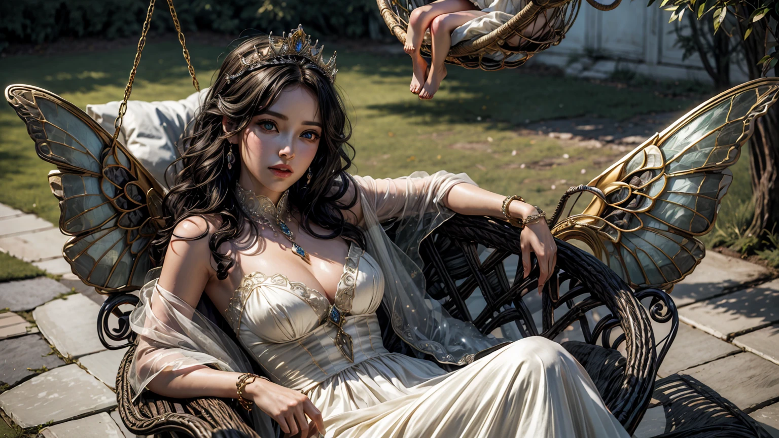 That's、It's a realistic fantasy masterpiece with plenty of sparkles, Glitter, e detalhes ornamentados intrincados. It produces a small woman with a beautiful delicate crown sitting on a garden swing at night. She is a beautiful and seductive butterfly queen with stunning curly black hair, (((Incredibly realistic and detailed dynamic eyes in bright colors with realistic shading))). her skin is translucent white, Your eyes are shining, and her dress is elegant. Her dress is spun with delicate and fine gossamer silk, Complicado, Detalhes florais delicados e mangas de borboleta de seda dourada. His face is beautiful and lonely. Inclua flores que brilham no escuro, many particles, Fantasy: highly realistic butt fly with translucent wings, yolk color and fine details, E brilhe. Arte feita no estilo de Guviz、Artstation and Midjourney fantasy titles in vogue、Reminds the masters of this genre. Camera: Using dynamic composition techniques、Emphasizes ethereal delicacy and delicate details.