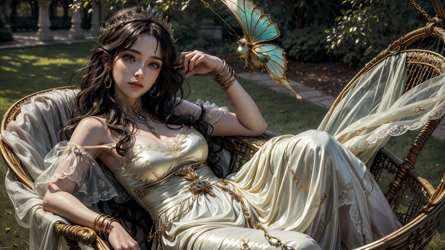 That's、It's a realistic fantasy masterpiece with plenty of sparkles, Glitter, e detalhes ornamentados intrincados. It produces a small woman with a beautiful delicate crown sitting on a garden swing at night. She is a beautiful and seductive butterfly queen with stunning curly black hair, (((Incredibly realistic and detailed dynamic eyes in bright colors with realistic shading))). her skin is translucent white, Your eyes are shining, and her dress is elegant. Her dress is spun with delicate and fine gossamer silk, Complicado, Detalhes florais delicados e mangas de borboleta de seda dourada. His face is beautiful and lonely. Inclua flores que brilham no escuro, many particles, Fantasy: highly realistic butt fly with translucent wings, yolk color and fine details, E brilhe. Arte feita no estilo de Guviz、Artstation and Midjourney fantasy titles in vogue、Reminds the masters of this genre. Camera: Using dynamic composition techniques、Emphasizes ethereal delicacy and delicate details.