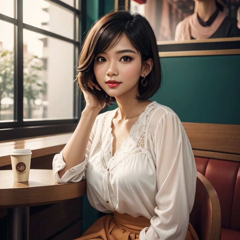 Half body portrait of a 33 years old malay woman sit in front of giant mirror, pixie haircut, wearing peach blouse with satin green slack, narrow waist, indoor shot, looking up at coffee shop sign, soft lighting, smirk face, circle bokeh , small breast, catwalk, morningtime, surrounded by a comfortable, cool atmosphere, looking at the viewer. (Skin details:1.3), hairy hands, plump, red lips, seductive with bokeh camera background