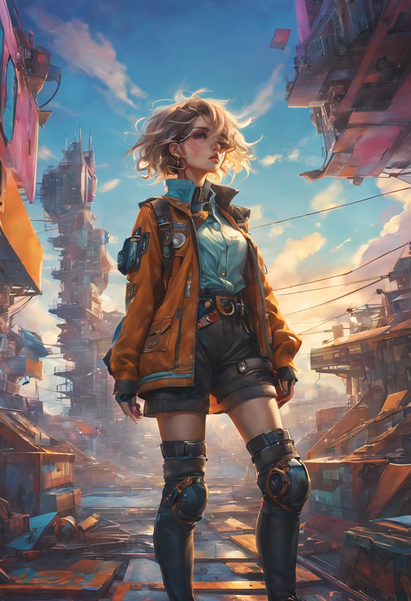 Ultra-detailed、Future retro female pilot、Steampunk clothing、adventure、cloud covered sky、Futuristic cityscape、metal surfaces、graffiti-covered walls、urban decay、Colorful street art、Windswept hair、confident posture、Emerge from the cloud,Hand drawn illustrations,Contrasting colors,Soft focus,ethereal beauty,otherworldly scenery,Energetic energy,Lens illumination,Impressive machinery,Intense sunset,creative imagination,composition,Full of emotion,inspiring ambition。