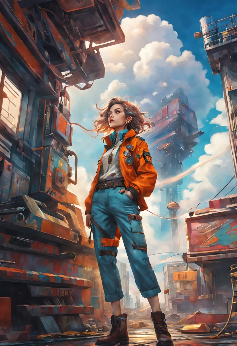 Ultra-detailed、Future retro female pilot、Steampunk clothing、adventure、cloud covered sky、Futuristic cityscape、metal surfaces、graffiti-covered walls、urban decay、Colorful street art、Windswept hair、confident posture、Emerge from the cloud，Hand drawn illustrations，Contrasting colors，Soft focus，ethereal beauty，otherworldly scenery，Energetic energy，Lens illumination，Impressive machinery，Intense sunset，creative imagination，composition，Full of emotion，inspiring ambition。