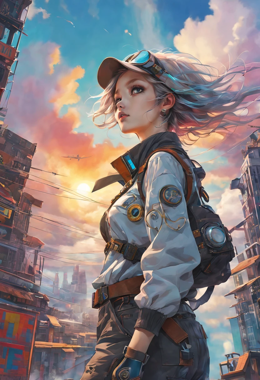 Ultra-detailed、Future retro female pilot、Steampunk clothing、adventure、cloud covered sky、Futuristic cityscape、metal surfaces、graffiti-covered walls、urban decay、Colorful street art、Windswept hair、confident posture、Emerge from the cloud,Hand drawn illustrations,Contrasting colors,Soft focus,ethereal beauty,otherworldly scenery,Energetic energy,Lens illumination,Impressive machinery,Intense sunset,creative imagination,composition,Full of emotion,inspiring ambition。