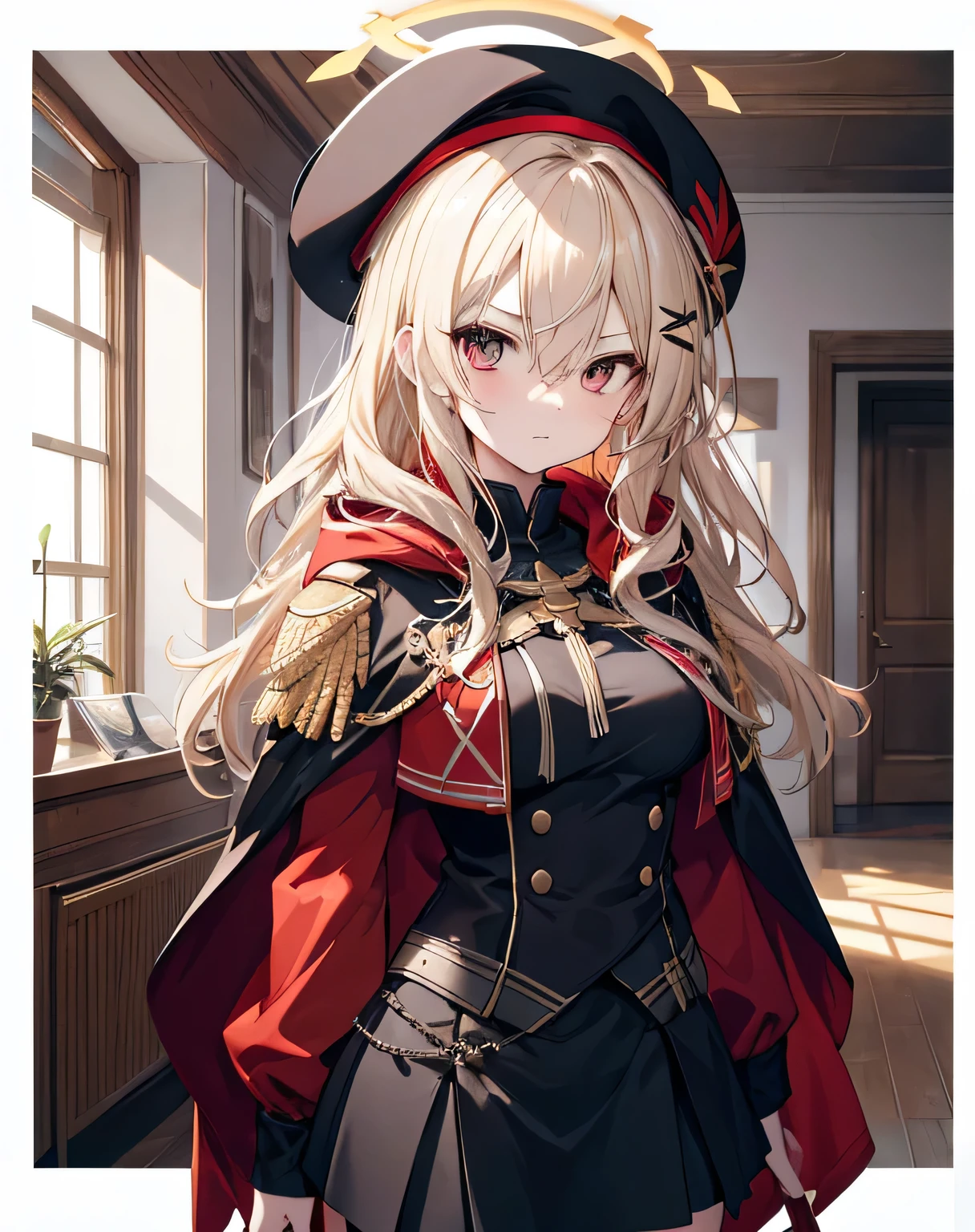 (hyper extreme detailed),(masterpeace),(hyper extreme),(photorealistic),CG,(colour:1.2), beautiful lighting,light from the front,rating:safe,solo, bismarck,blonde hair,long hair,red eyes,black_gloves,garter_straps,zettai_ryouiki,pleated_skirt,black_skirt,stoking,high_heels,black shrite,long_sleeves,black_cape,short_dress, wearing military hat, holding a sabre, looking lewd