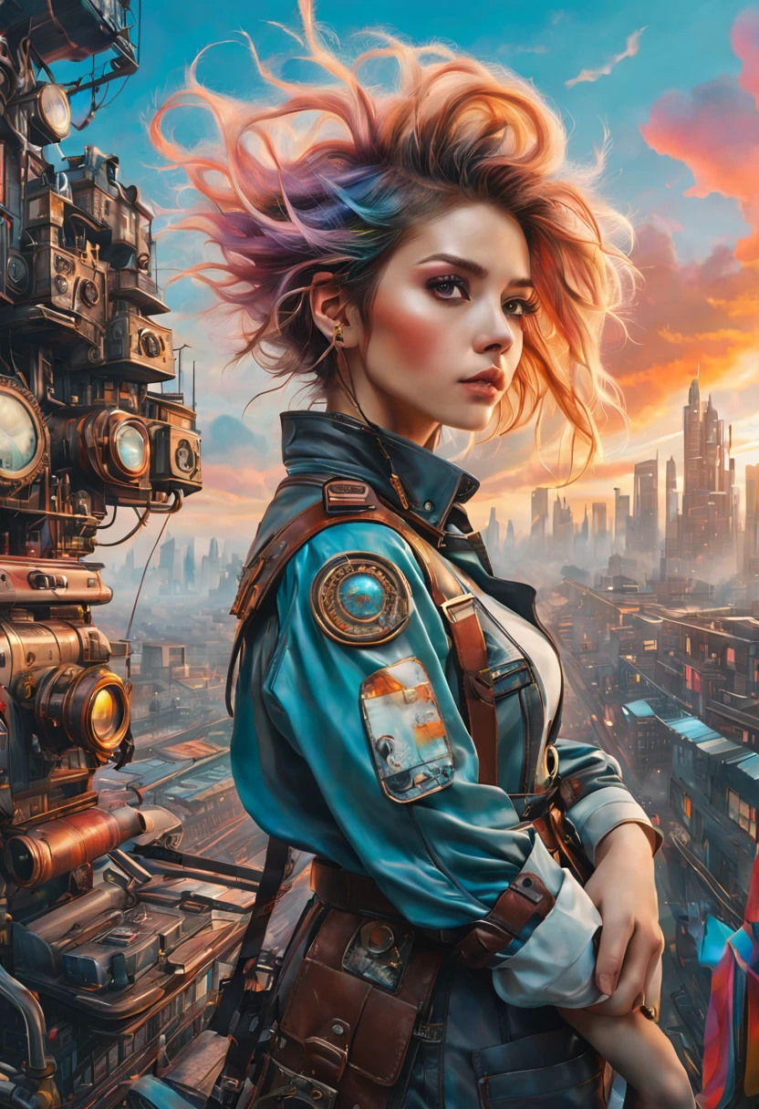 Ultra-detailed、Future retro female pilot、Steampunk clothing、adventure、cloud covered sky、Futuristic cityscape、metal surfaces、graffiti-covered walls、urban decay、Colorful street art、Windswept hair、confident posture、Emerge from the cloud，Hand drawn illustrations，Contrasting colors，Soft focus，ethereal beauty，otherworldly scenery，Energetic energy，Lens illumination，Impressive machinery，Intense sunset，creative imagination，composition，Full of emotion，inspiring ambition。