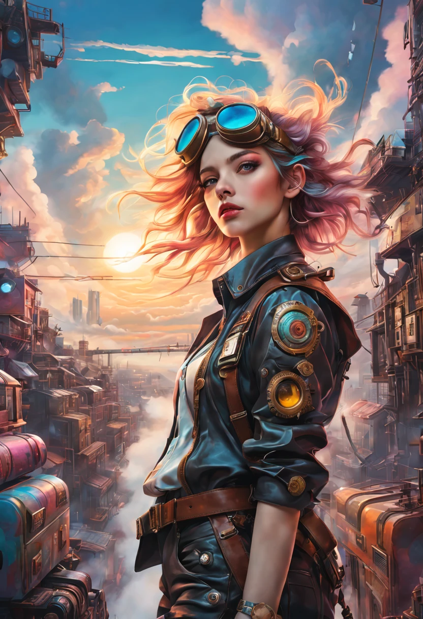 Ultra-detailed、Future retro female pilot、Steampunk clothing、adventure、cloud covered sky、Futuristic cityscape、metal surfaces、graffiti-covered walls、urban decay、Colorful street art、Windswept hair、confident posture、Emerge from the cloud,Hand drawn illustrations,Contrasting colors,Soft focus,ethereal beauty,otherworldly scenery,Energetic energy,Lens illumination,Impressive machinery,Intense sunset,creative imagination,composition,Full of emotion,inspiring ambition。