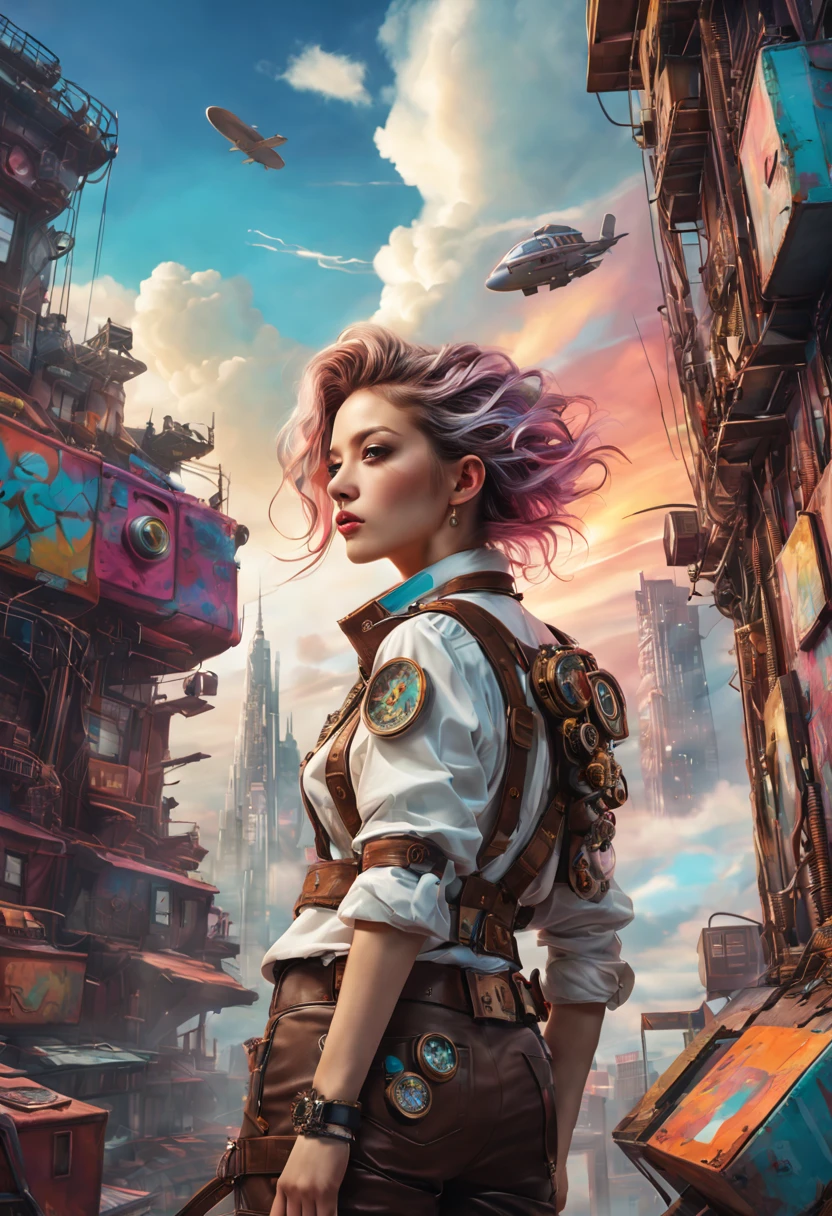 Ultra-detailed、Future retro female pilot、Steampunk clothing、adventure、cloud covered sky、Futuristic cityscape、metal surfaces、graffiti-covered walls、urban decay、Colorful street art、Windswept hair、confident posture、Emerge from the cloud,Hand drawn illustrations,Contrasting colors,Soft focus,ethereal beauty,otherworldly scenery,Energetic energy,Lens illumination,Impressive machinery,Intense sunset,creative imagination,composition,Full of emotion,inspiring ambition。