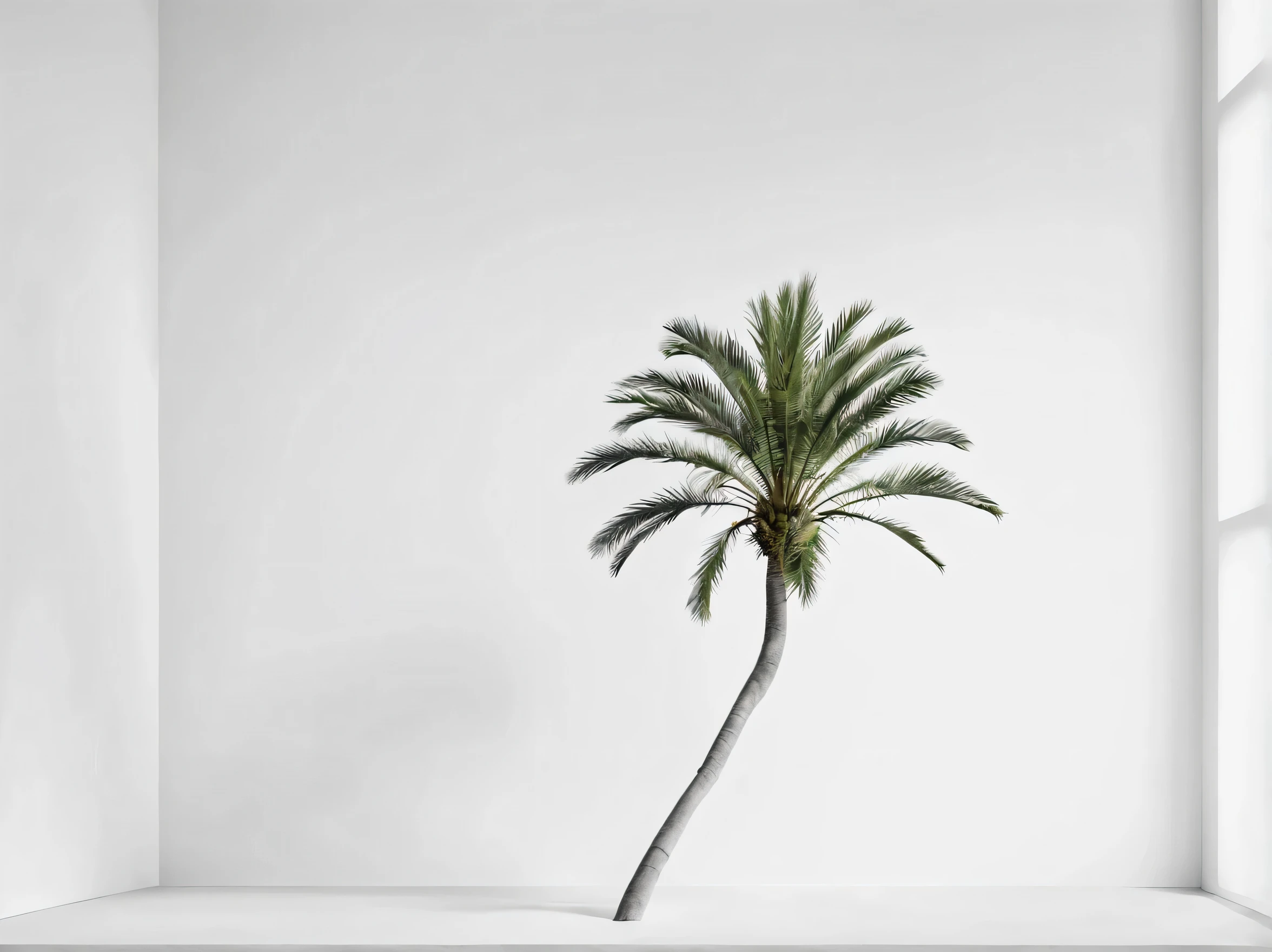 A single palm tree casting a shadow on a light grey studio background