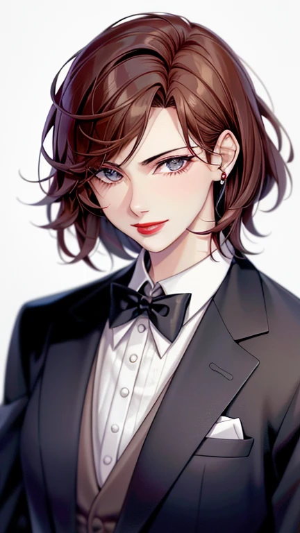 (masterpiece, highest quality:1.2),detailed face, fine eyes, short hair,elegant woman,red lipstick,fit the body,Formal suit,extremely short hair,Cool hair, mature, whole body,shy smile