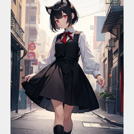 girl, dressed in white long sleeves, with a black vest and knee-length black skirt, slightly narrow, red eyes, detailed eyes, long black socks, school shoes, has cat ears, has short black hair like a boy, but has a lot of hair, the sides of her hair stick out, she is a calm girl, short hair like boy, long black dress