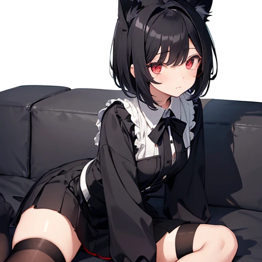 girl, dressed in white long sleeves, with a black vest and knee-length black skirt, slightly narrow, red eyes, detailed eyes, long black socks, school shoes, has cat ears, has short black hair like a boy, but has a lot of hair, the sides of her hair stick out, she is a calm girl, short hair like boy, long black dress