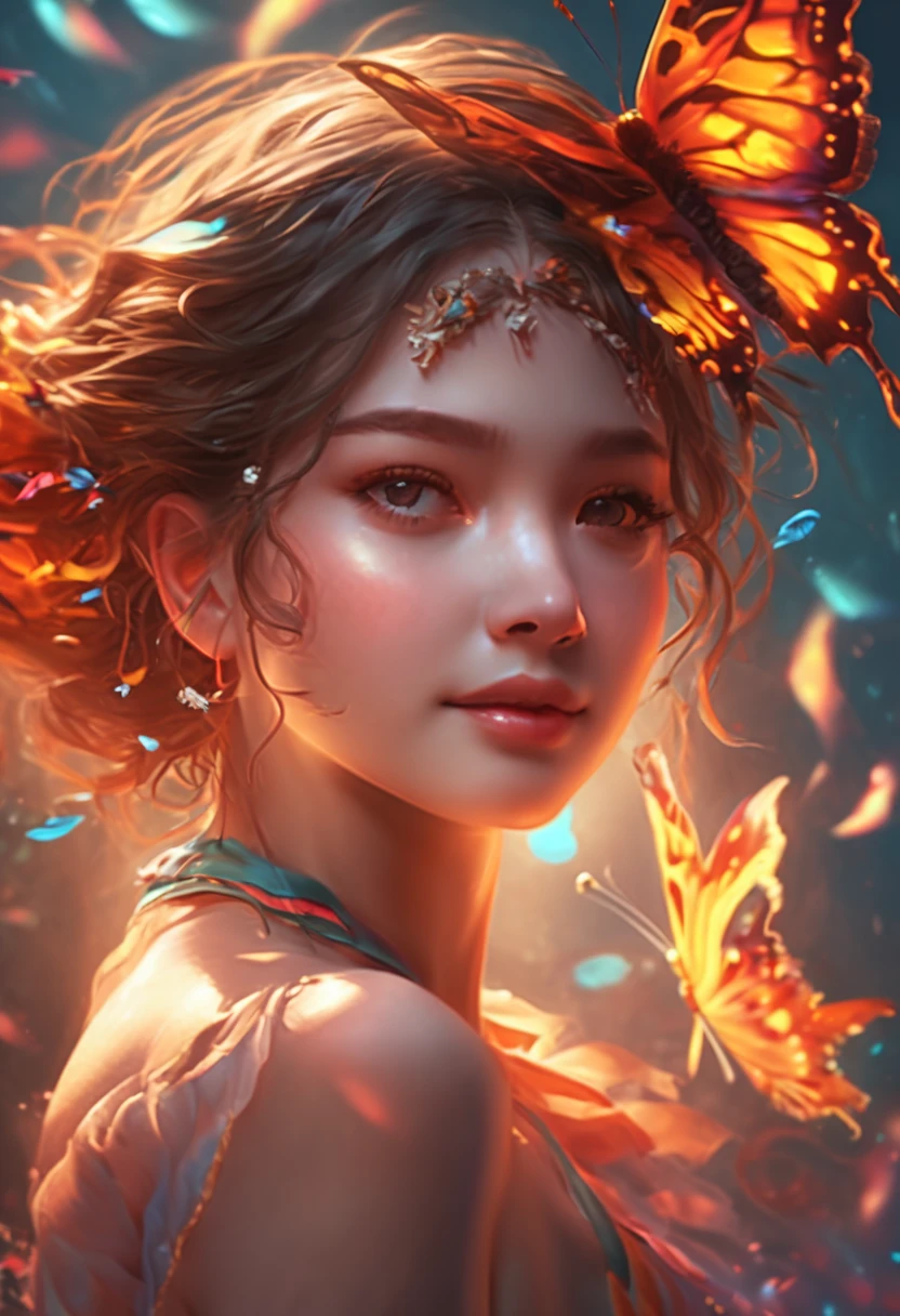 (best quality,4k,8k,highres,masterpiece:1.2), ultra-detailed, realistic, vibrant colors, HDR, studio lighting, vivid butterfly, fiery flames, Loim, beautifully vibrant colors, energetic girl, enchanting smile, dynamic pose, colorful wings, fluttering butterfly, lovely expression